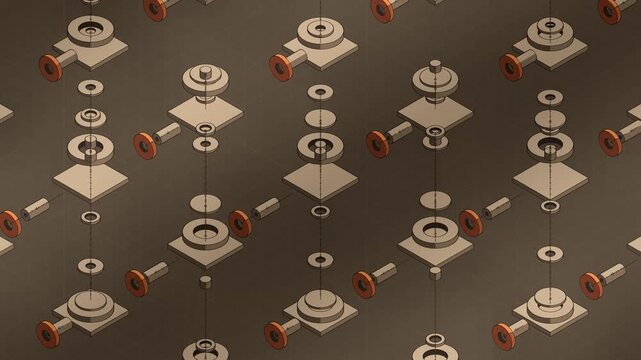 Isometric Exploded View of Machine Parts Separating and Reassembling, Flat Three Tone Seamless Loop in subtle kraft tones