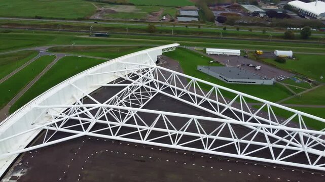 Maeslant Barrier (Maeslantkering), a movable storm surge barrier. Delta Works.Aerial view. Nieuwe Waterweg canal, entrance to the Port of Rotterdam, Netherlands.