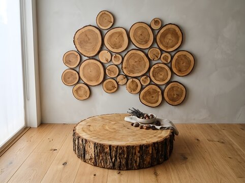 Decorative wooden wall art with circular wood slices on a white wall funny animal emoji