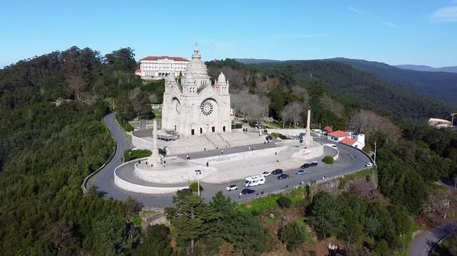 Sanctuary of the Sacred Heart of Jesus. Sanctuary of Mount Santa Luzia. Panoramic aerial view. Summit of Santa Luzia Hill, Viana do Castelo, Portugal.
