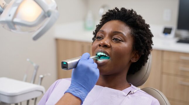 Dental intraoral scanning of black female patient, modern digital dentistry technology, dentist using 3D oral scanner for teeth impressions