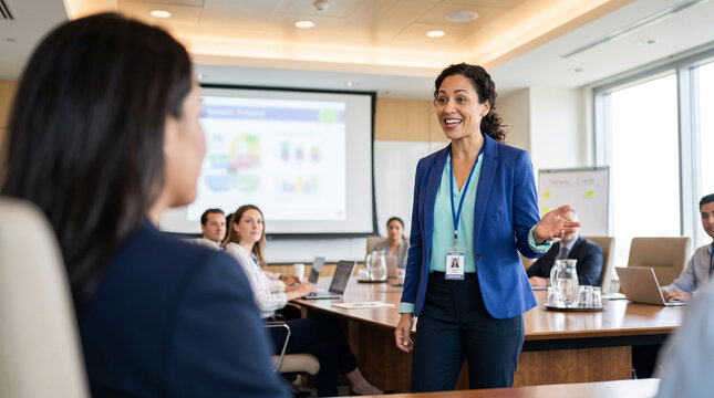Beautiful woman woman presenting to colleague small meeting which is perfect for corporate success presentation and highly effective marketing campaigns