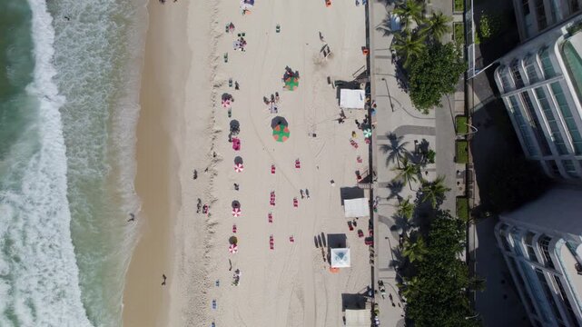 Drone top view coing up in Ipanema beach, Rio de Janeiro, Brazil.