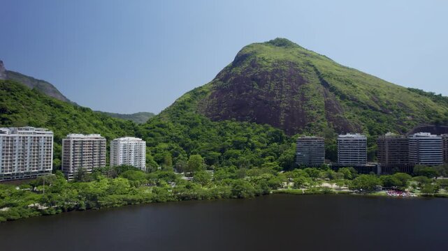 Drone going towards to a hill peak in Rio de Janeiro, Brazil