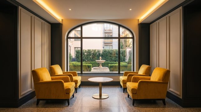 Luxurious hotel lobby lounge with yellow velvet armchairs, elegant boutique interior design, modern waiting area with arched window overlooking a garden fountain
