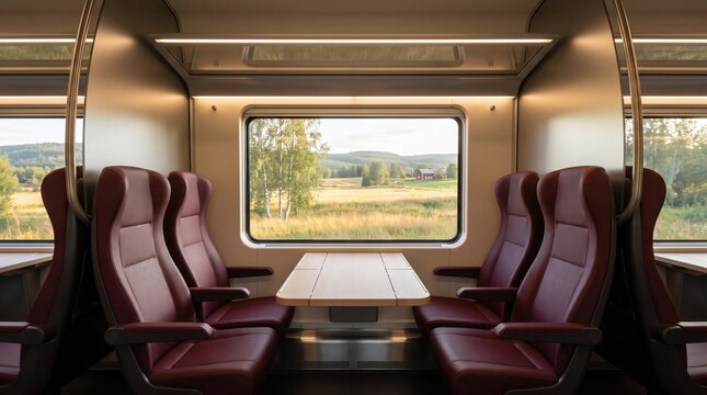Modern train interior with burgundy leather seats and wooden table, luxury railway carriage with scenic window view, comfortable first class travel transport