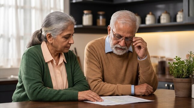 Senior Indian couple reviewing financial documents at home, elderly husband and wife reading paperwork in kitchen, retired people managing bills and insurance
