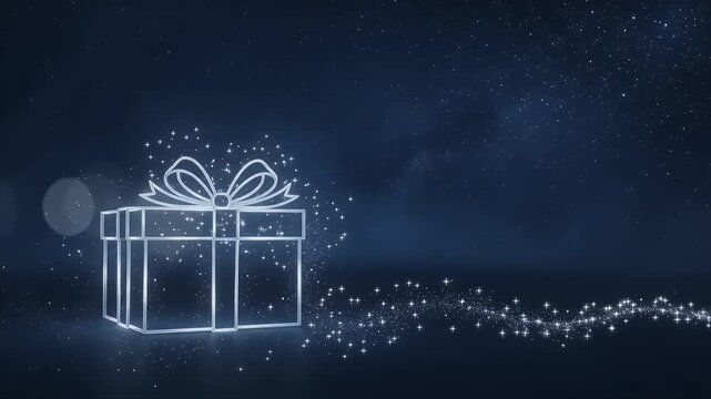 Christmas, gift box and glowing present for holiday surprise, celebration and festive events. Luxury, night and star background with bokeh, sparkle and blue light for marketing and advertisement.