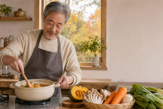 Japanese senior man preparing low-sodium autumn vegetable soup,
減塩の秋野菜スープを作る日本人のシニア男性