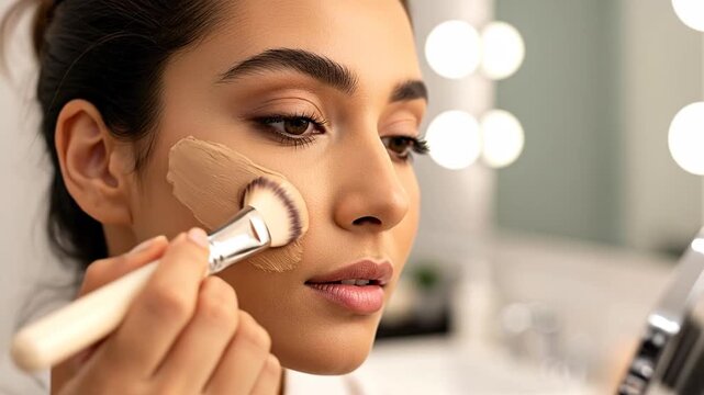 A woman applying foundation to her face with a brush.