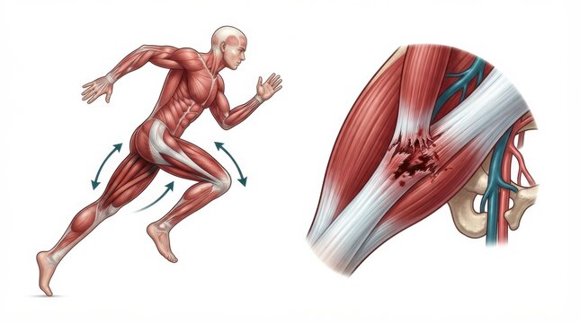 Visual representation of a hamstring muscle strain showing anatomy and injury mechanics during running activity in physical therapy.