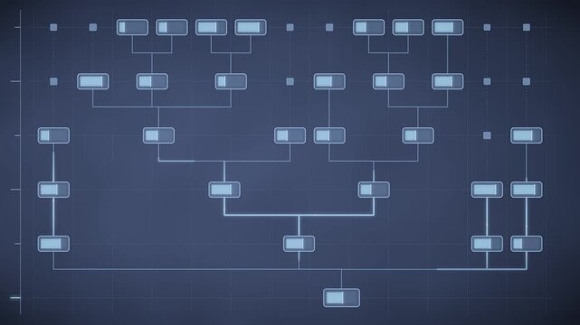 Org Chart Hierarchy Tree Diagram Growing From Root With Nodes Lighting In Sequence, Seamless Loop in deep indigo tones