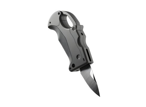 Modern tactical folding utility knife with sharp steel blade. Compact cutting tool and EDC gear concept. Tactical pocket knife presented on white background