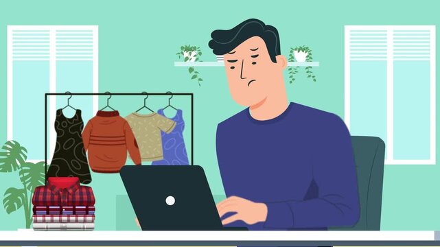 Worried Man Shopping for Clothes Online While Using Laptop at Home