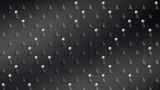 Balls Bouncing Down A Staggered Cone Peg Board With Mechanical Impact Rings, Seamless Loop in soft graphite tones