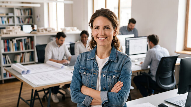 Beautiful woman woman arms crossed office workers background which is perfect for corporate success presentation and highly effective marketing campaigns