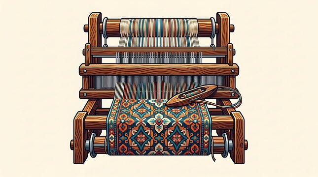 Traditional wooden loom weaving intricate patterned textile