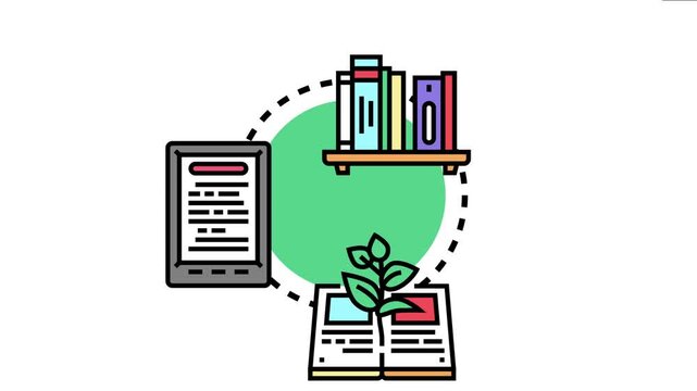 Books inspiring creative design ideas, representing learning, knowledge, storytelling, and digital content creation with an ebook reader and opened book on a shelf