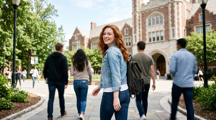 Fototapeta premium Beautiful woman students walking university campus tree which is perfect for corporate success presentation and highly effective marketing campaigns