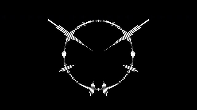 Minimalist white audio waveform ring spinning on a black background, circular sound spectrum visualizer animation for music, radio, and digital interfaces, exported with Apple ProRes codec.