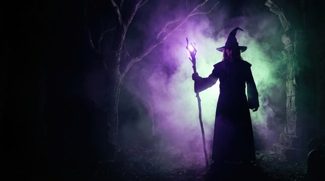 silhouette of wizard holding glowing magic staff in dark misty forest with purple smoke. fantasy sorcerer concept. halloween spooky background with copyspace. banner, website header, book cover.