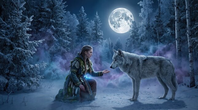 caucasian woman in shamanic clothes interacting with wild wolf in snowy night forest under full moon. mystical winter fairy tale, magical fantasy concept. copyspace, banner, website header.