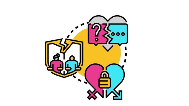 Bonding concept challenges with couple relationships, communication breakdowns, and family protection issues, featuring people, a heart, and speech bubbles