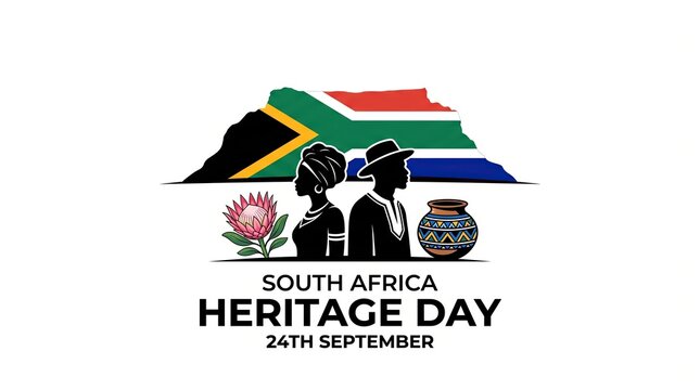 South Africa Heritage Day 24th September celebration logo with Protea flower and national flag silhouette. Cultural unity design featuring traditional pottery and ethnic figures for annual.