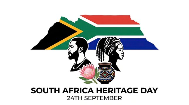 South Africa Heritage Day 24th September celebration graphic featuring national flag silhouettes with a protea flower and patterned ceramic pot. Cultural identity design elements highlight.