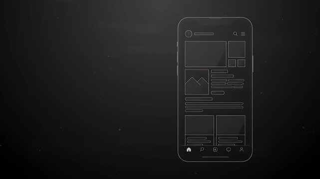 Smartphone, mobile app and social media interface on dark background with wireframe design. Technology, cell phone and web layout for digital marketing, advertising mockup and tech profile display