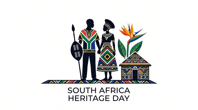 South Africa Heritage Day event graphic displays stylized tribal couple silhouettes alongside a colorful traditional hut and floral motifs. Vibrant ethnic pattern design serves as an artistic.