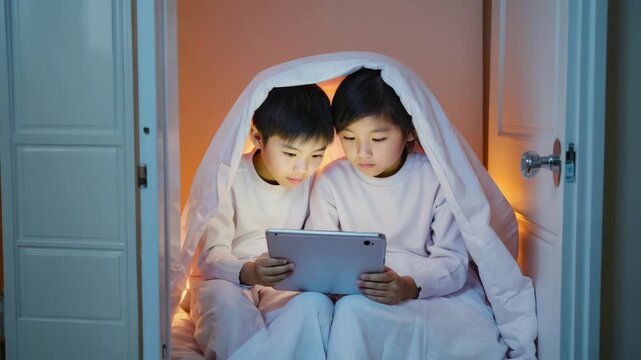 Two children huddle under a blanket, glowing tablet in hands. Soft light filters through the open door. They sit close, focused on the screen. The room feels quiet, cozy, and intimate