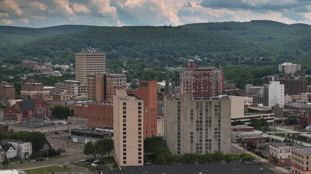 Drone shot of Binghamton on an overcast day. Shot in New York State during the summer.