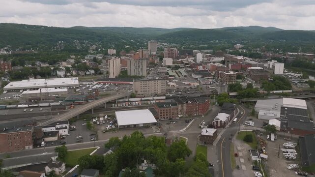Establishing shot of Binghamton, New York on an overcast day. Shot during the summer.