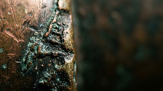 Macro shot of aged copper surface with green oxidation patina