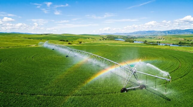 aerial view of center pivot irrigation system watering green crop field. rainbow in water spray. agricultural technology and farming equipment. rural landscape background. banner with copyspace.