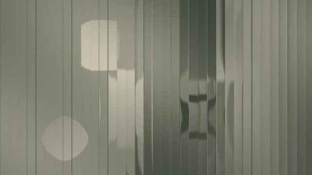 Reeded fluted glass with depth silhouettes sliced into shifting vertical strips seamless loop in deep sage tones