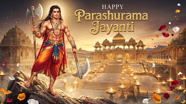 Celebration of Parashurama Jayanti with a majestic warrior figure at historic temple complex