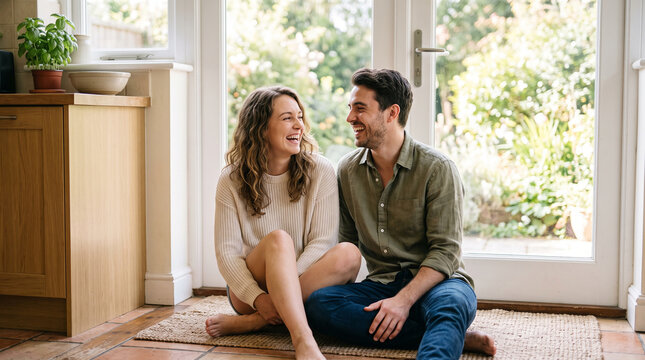 Beautiful couple couple relaxing on floor by window which is perfect for corporate success presentation and highly effective marketing campaigns