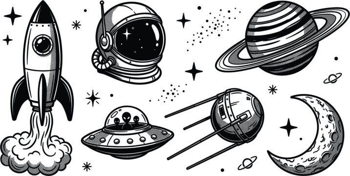 Retro Tattoo Style Space Exploration Vector Icon Set with Rocket Launch, Astronaut Helmet, Saturn Planet, UFO Alien Spaceship, Satellite, and Moon