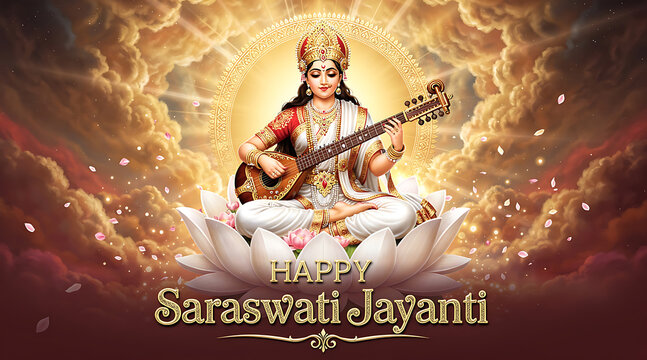 Celebration of Saraswati Ji with divine aura and spiritual symbolism for Saraswati Jayanti festival hymn tradition