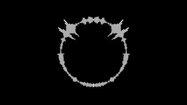 White radial audio equalizer bars pulsing rhythmically on a black background, circular sound wave visualizer for music production and podcast intros, rendered in Apple ProRes 4K format.