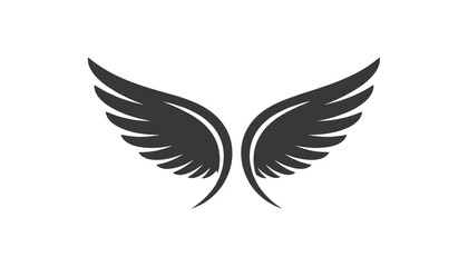 Obraz premium Classic black silhouette of a pair of majestic open angel wings spread wide against a plain solid white background.
