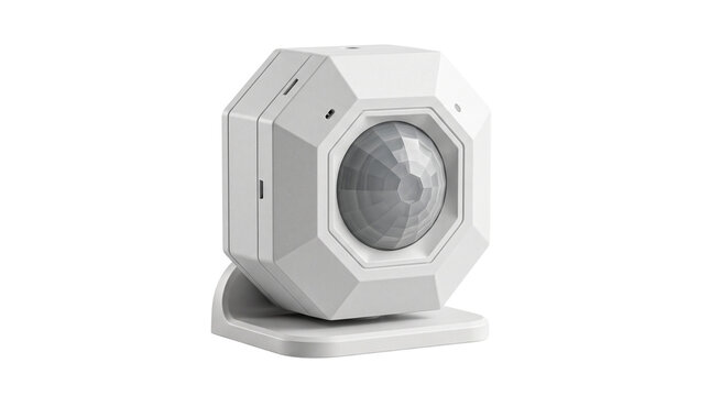 Modern white motion sensor for home security, smart infrared PIR detector on stand, wireless octagonal surveillance device
