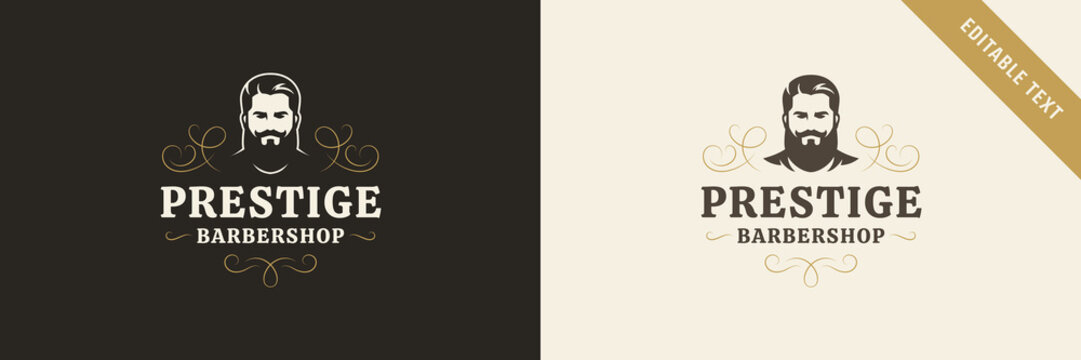 Sophisticated prestige barbershop gentleman vector logo template with editable text helps high-end grooming parlors establish a premium brand identity appealing to modern stylish men