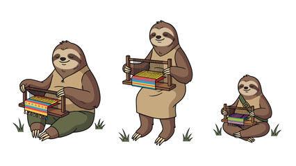 Naklejka premium Three cartoon sloths of different sizes are sitting and weaving colorful fabrics on small looms.