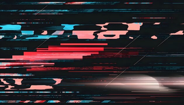 Cyberpunk horizontal glitch lines and digital data corruption texture. Network failure and system crash concept. Red and blue pixel strips streaking across dark display