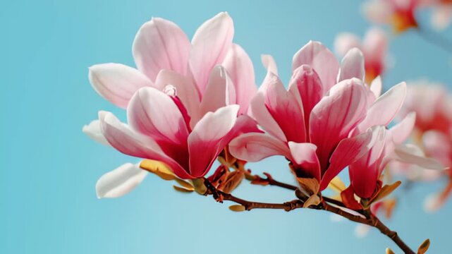 Bright pink magnolias in bloom against a clear blue sky