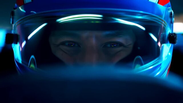 Tracking shot of helmeted race car driver focusing intently while driving inside race car cockpit at night with reflective visor lighting