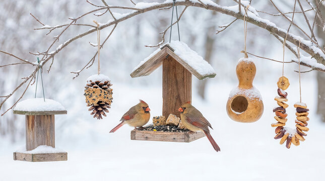 Two female northern cardinals perched on a wooden bird feeder in a snowy winter garden